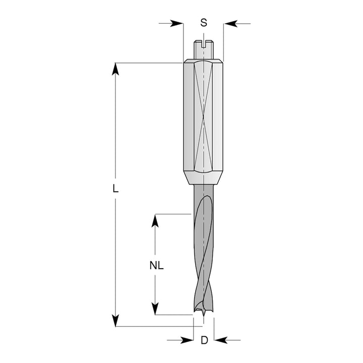 ENT 22741 Dübelbohrer VHW, Schaft (S) 10 mm, Durchmesser (D) 5 mm, NL 30 mm, SL 30 mm, L 70 mm, Rech