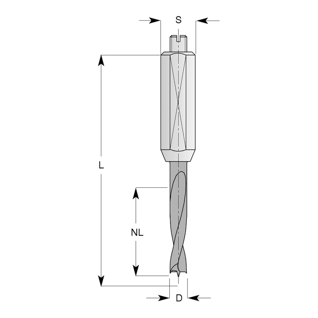 ENT 22725 Dübelbohrer VHW, Schaft (S) 10 mm, Durchmesser (D) 8 mm, NL 23 mm, SL 27 mm, L 57,5 mm, Re
