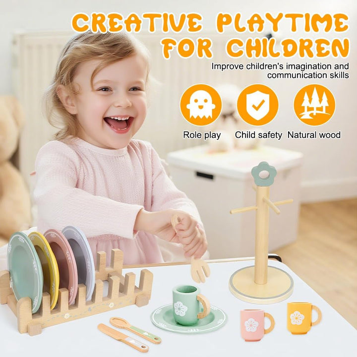 Teeservice Kinder Holz, Kinderküche Geschirr mit Tassen Teller, Spielküche Zubehör Puppengeschirr Ho
