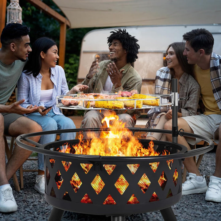 Feuerschale mit Drehbarem Grillrost, Feuerschale Gross, Feuerschalen für den Garten mit Funkenschutz