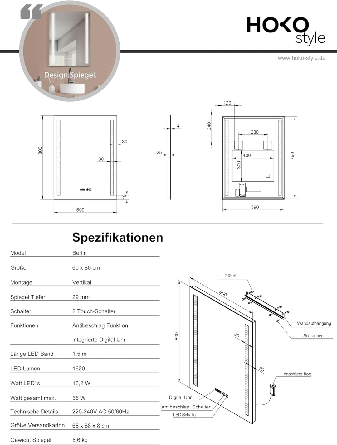 HOKO® Badezimmerspiegel, LED, 60 x 80 cm, mit Digitaluhr, Anti-Beschlagschutz, kaltes weisses Licht,