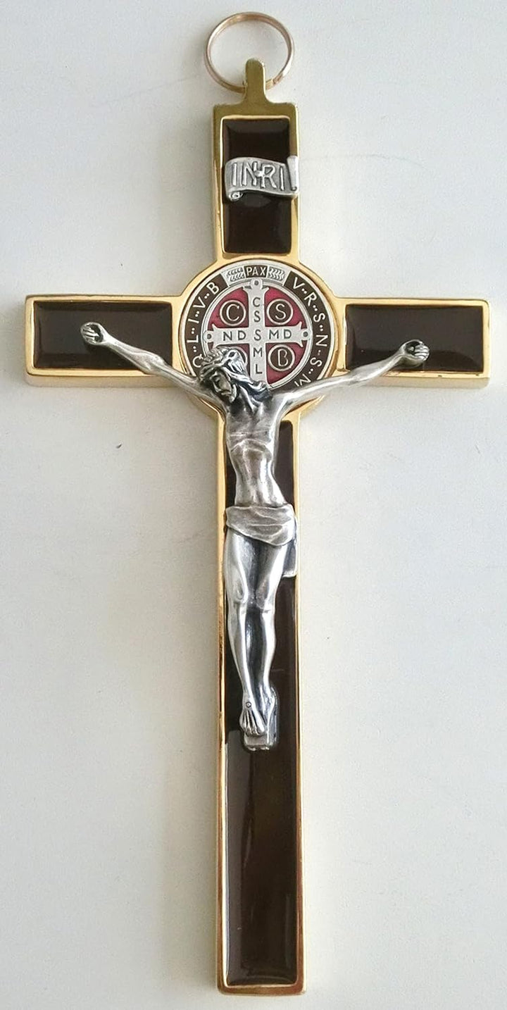 10.004.21 Brown Kreuz Gold Braun San Benedikt 20 cm emailliert mit Box Gift Saint Benedict Erstaunli