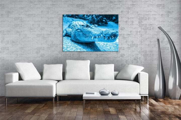 deyoli Anmutiges Krokodil Format 80x60 Effekt: Monocrome Blau als Leinwandbild, Motiv fertig gerahmt