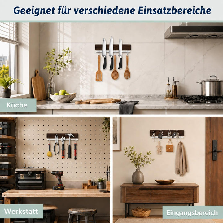 Magnetleiste Messer, 30cm Walnuss-Optik Messerhalter magnetisch mit 5 Haken, Magnet Messerhalter ohn