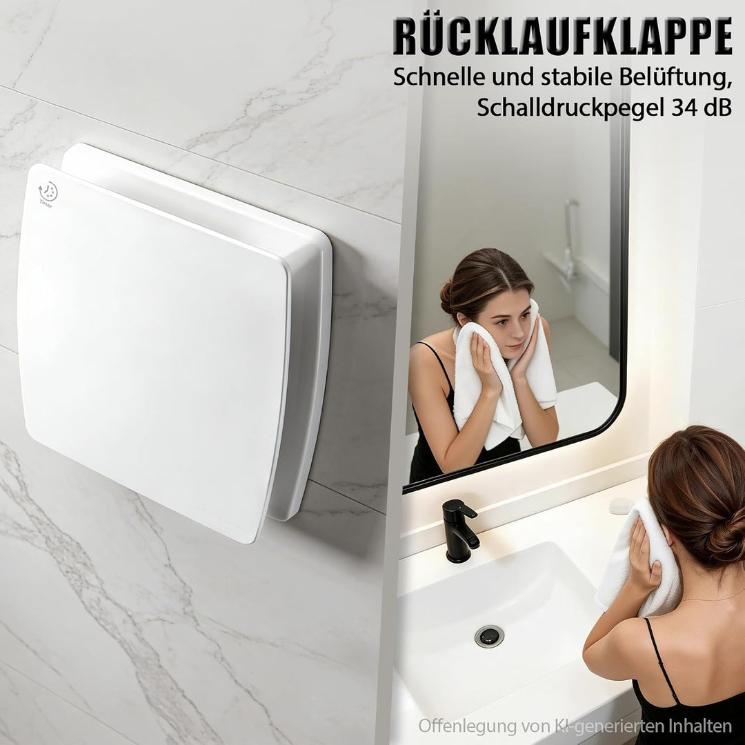 100mm Badlüfter mit Nachlauf &amp; Rücklaufklappe Wandventilator Decken/Wand | 12W, 95m³/h, 34db, IPX4,