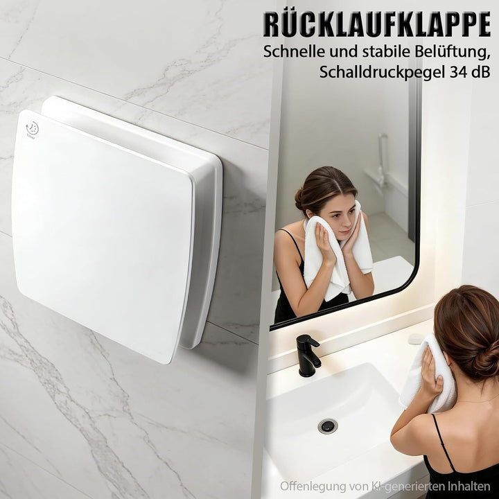 100mm Badlüfter mit Nachlauf &amp; Rücklaufklappe Wandventilator Decken/Wand | 12W, 95m³/h, 34db, IPX4,