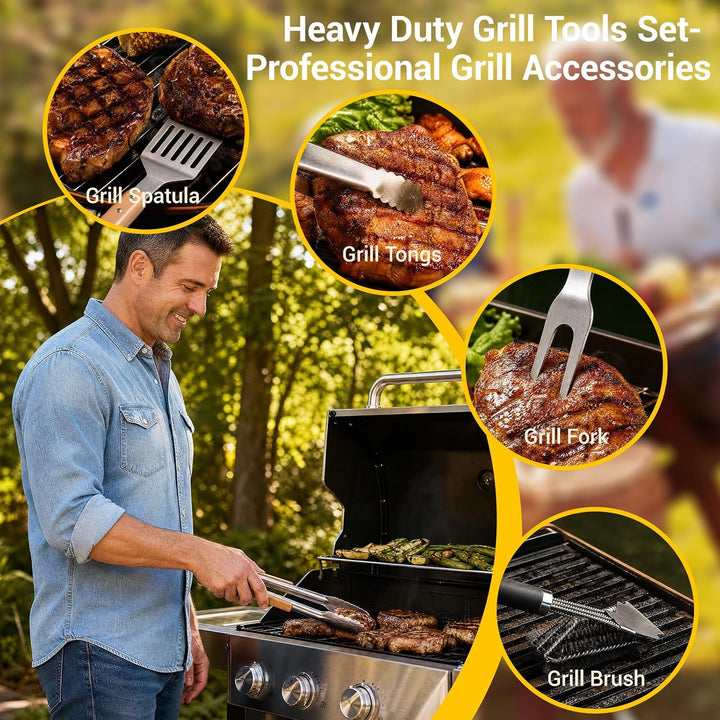 Grillbesteck Set 4-teilig Edelstahl Holzgriff Zange Wender Gabel Bürste | Grillbesteck mit Akazienho