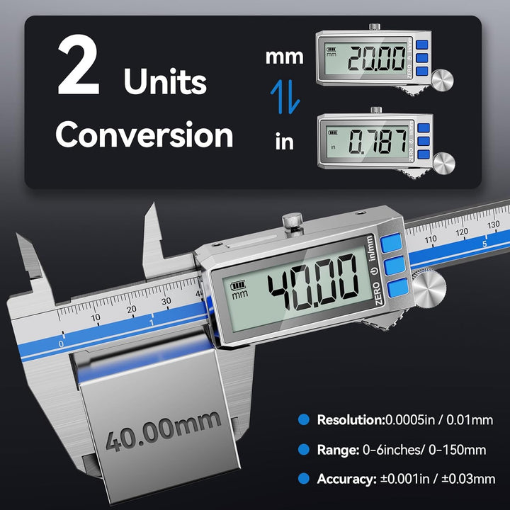 Preciva Digitaler Messschieber Aufladbar, 150 mm/0-6 Zoll Schieblehre Edelstahl, IP54 Schutz, LCD Di
