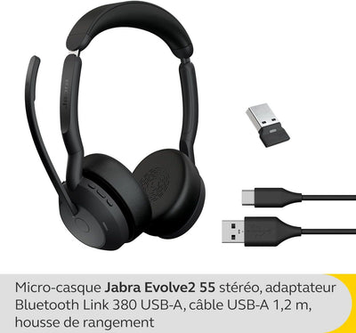 Jabra Evolve2 55 - schnurloses Stereo-Headset mit Jabra Air Comfort - Mikrofone mit Geräuschunterdrü