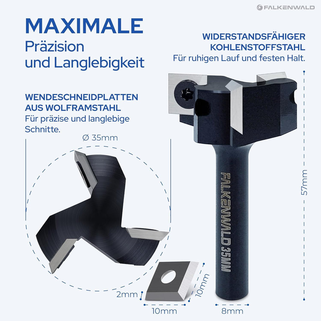 Falkenwald Planfräser 8mm schaft für Holz Ø 35 mm - Planfräser für Oberfräse aus Wolframstahl mit Er