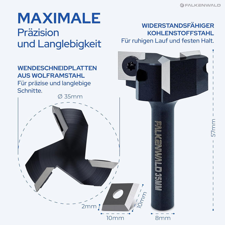 Falkenwald Planfräser 8mm schaft für Holz Ø 35 mm - Planfräser für Oberfräse aus Wolframstahl mit Er