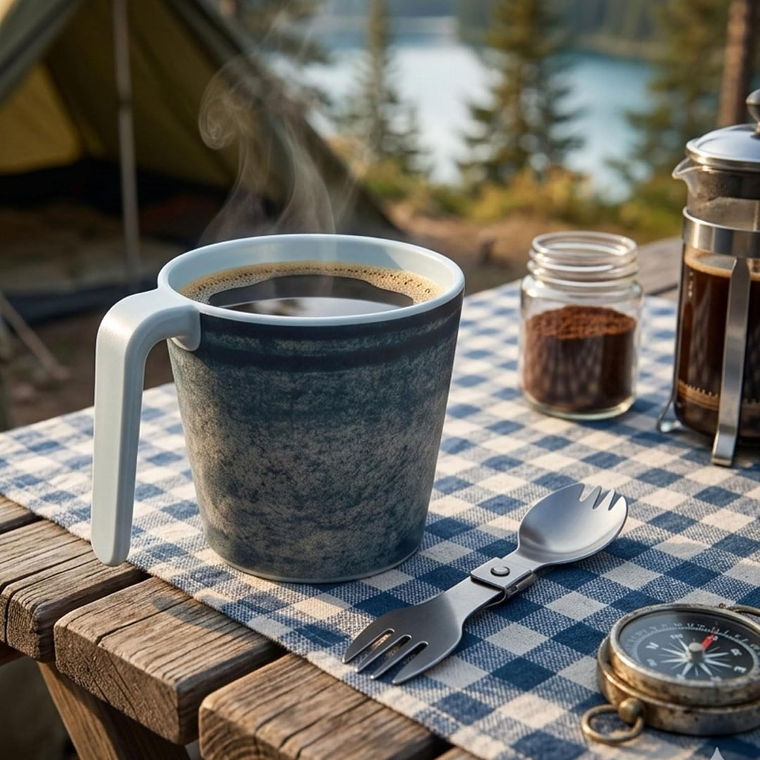 Melamin Geschirr Set Mondgranit Blau-Grau für 6 Personen Camping Picknick 24 Teile - mit Tassen, 24