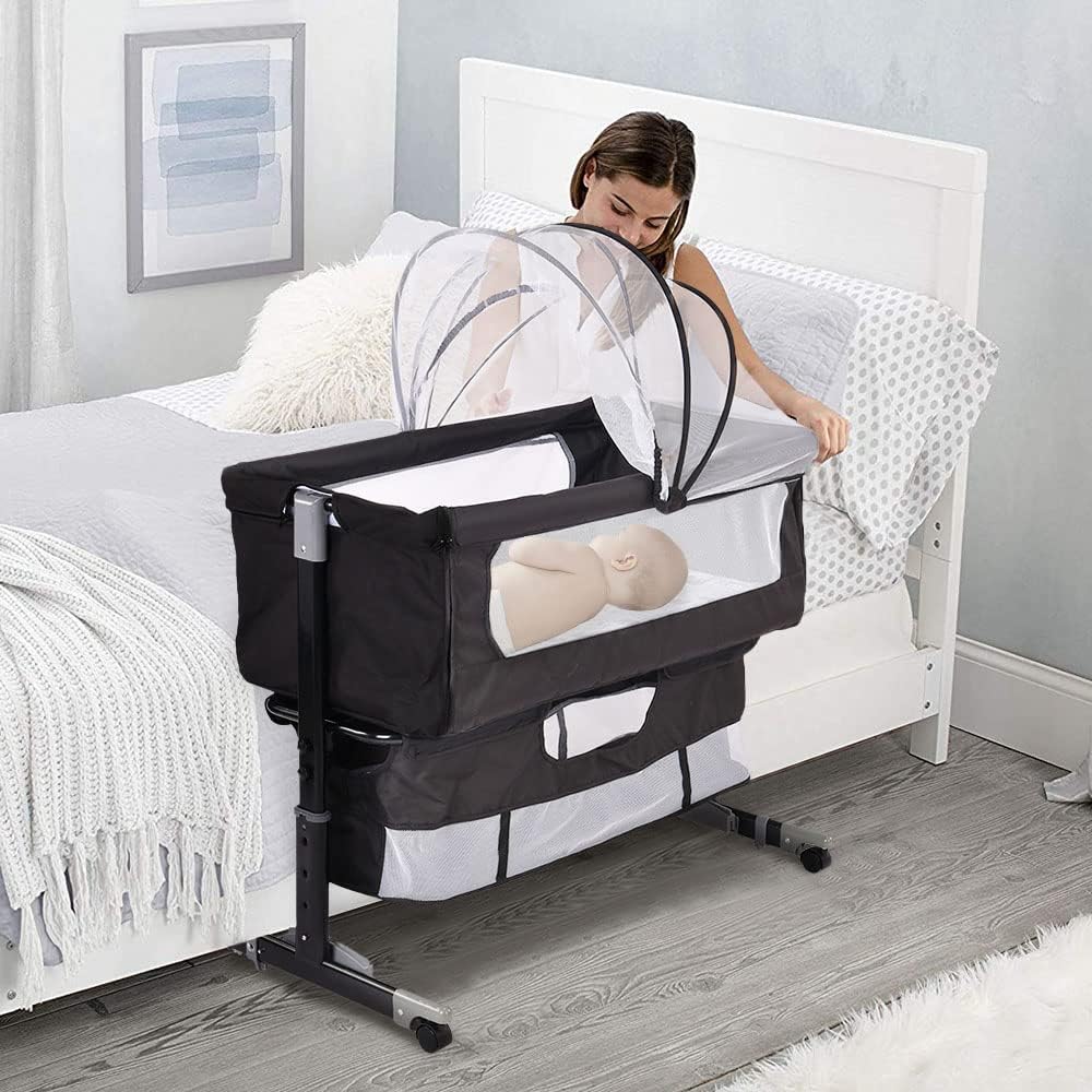 homewell 3 in 1 Babybett Beistellbett, Wiege mit Moskitonetz und Aufbewahrungskorb, Faltbares, Neigu