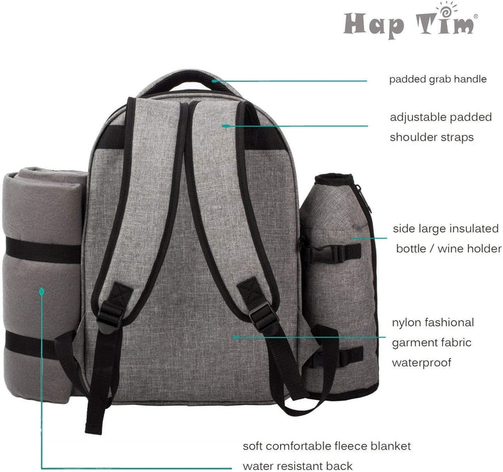 Hap Tim Picknickrucksack 4 Personen Picknickset mit Kühlfach, abnehmbarem Flaschen-/Weinhalter, Flee