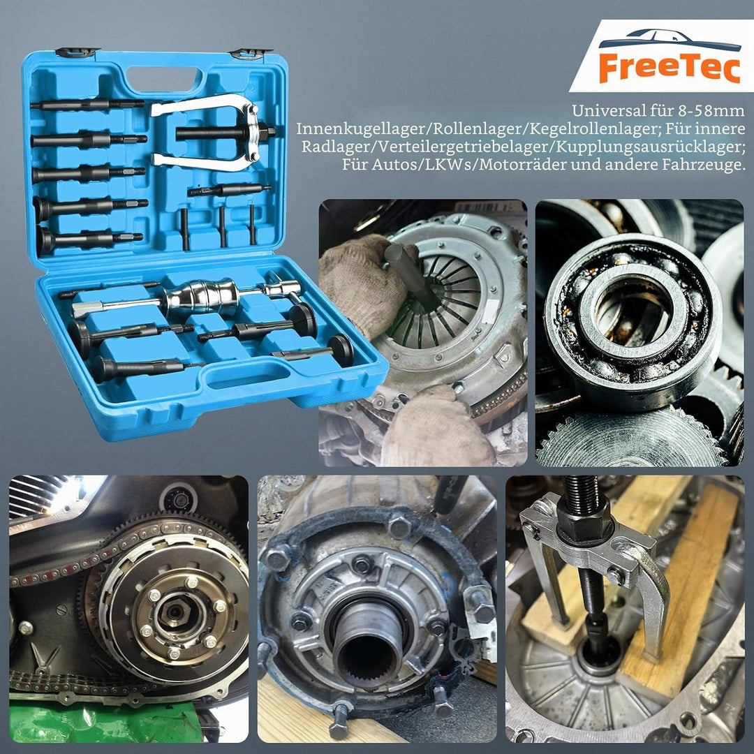 FreeTec 17tlg Innenlager Abzieher Set, 8-58mm Innenabzieher Lager, Grundloch Lagerabzieher Innenlage