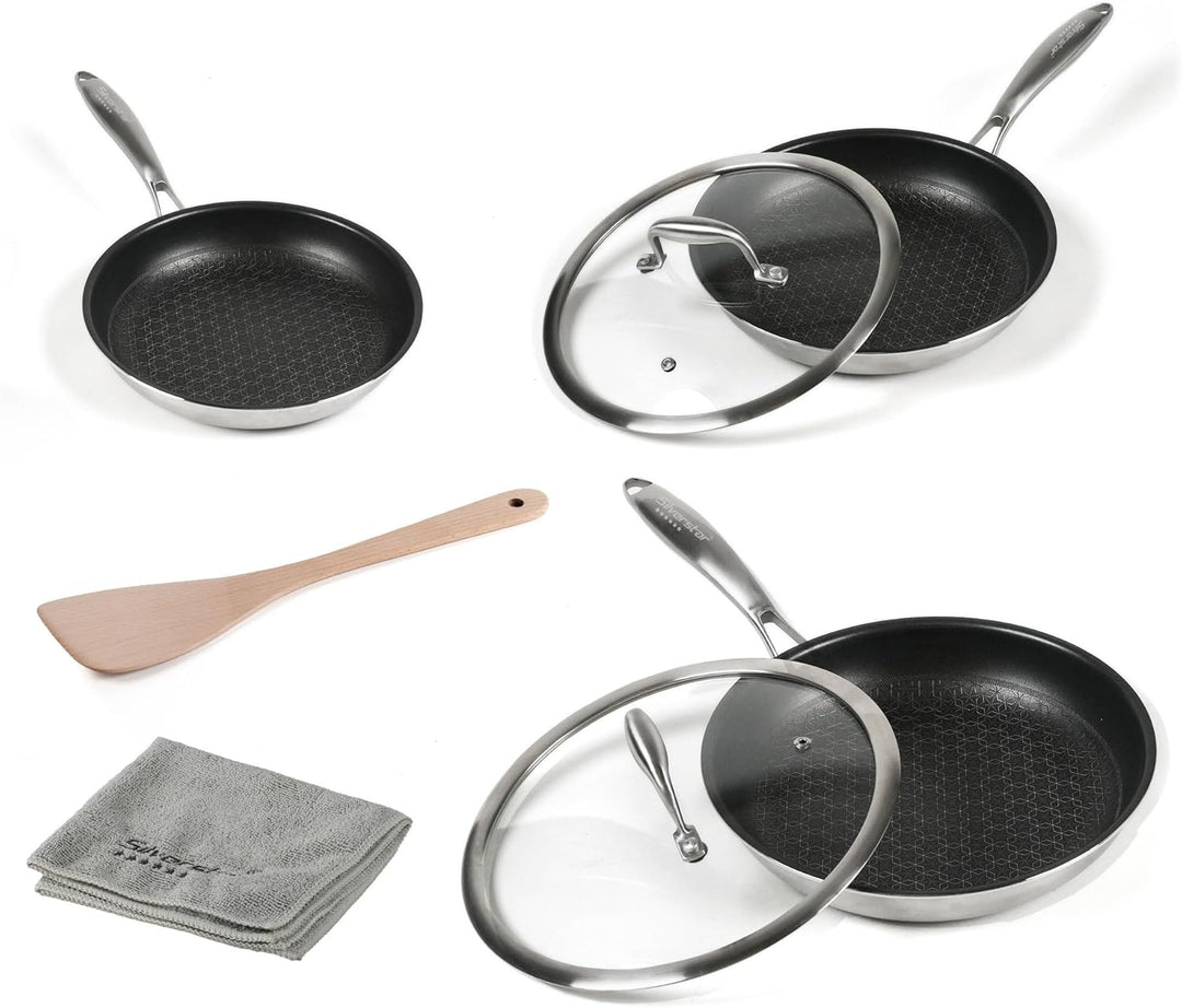 Silverstar Edelstahl Pfannen Set 20/24/28 cm mit Deckel 24/28 cm Pfannenwender, Kratzfeste Wabenpfan