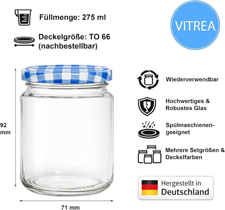 Vitrea 100x Marmeladengläser 275 ml - mit Deckel Blau Kariert TO 66 - Einmachgläser zum befüllen mit