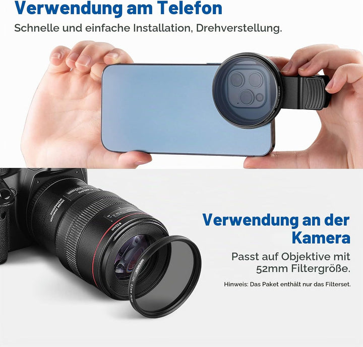 NEEWER 52mm ND+CPL+Effekt Filter Set mit Handy Phone Objektiv Klammer, Polfilter ND32, 6 Punkt Stern