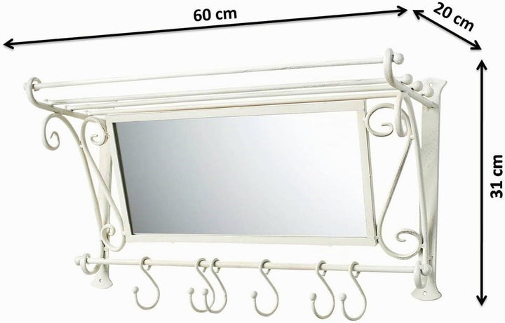 Kobolo Garderobe Antik-Weiss mit Spiegel und 6 Haken Metall