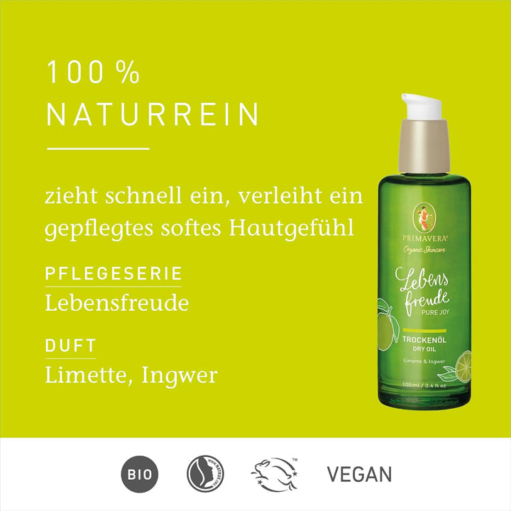 PRIMAVERA Lebensfreude Trockenöl 100 ml – Naturkosmetik – Limette, Ingwer Duft – schnell einziehend,