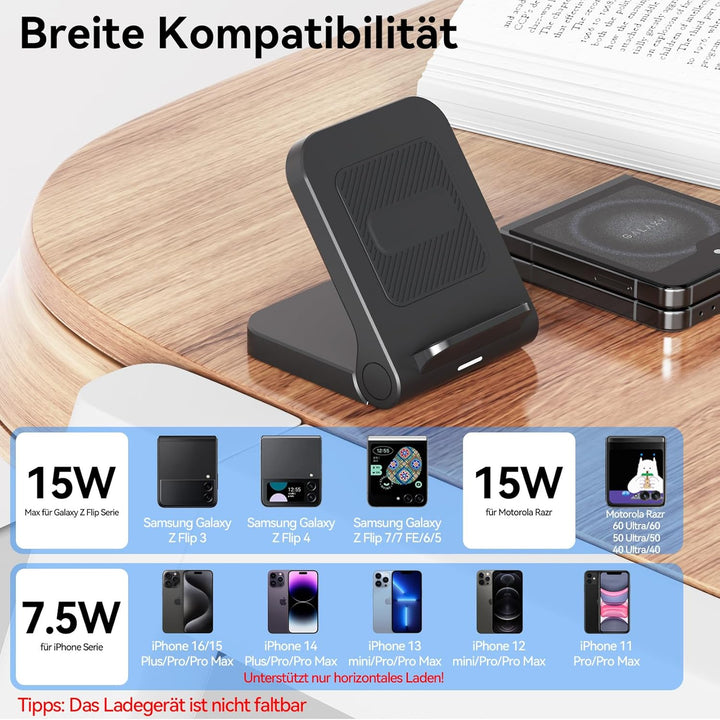 Geyo Induktive Ladestation für Samsung Galaxy Z Flip, 15W Fast Kabelloses Ladegerät für Samsung Gala