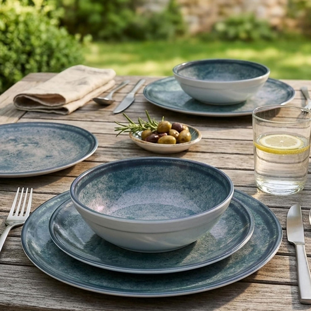 Melamin Geschirr Set Mondgranit Blau-Grau für 6 Personen Camping Picknick 18 Teile - Geschirr, 18 Te