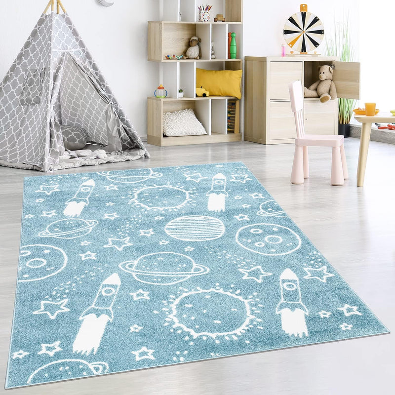 payé Teppich Kinderzimmer Läufer - Blau - 80x150cm - Galaxy Unviersum Weltall Stern Rakete Spieltepp