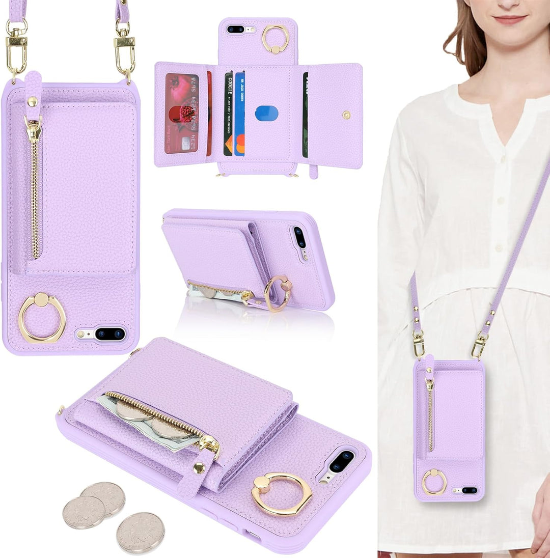 ELTEKER Handyhülle für iPhone 7 Plus/8 Plus Hülle mit Band Kartenfach Handykette Geldbörse,Leder Kla
