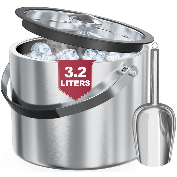 3,2L Eiswürfelbehälter mit Deckel Schaufel-Edelstahl Eiskübel Doppelwandiger Isolierter Eisbehälter