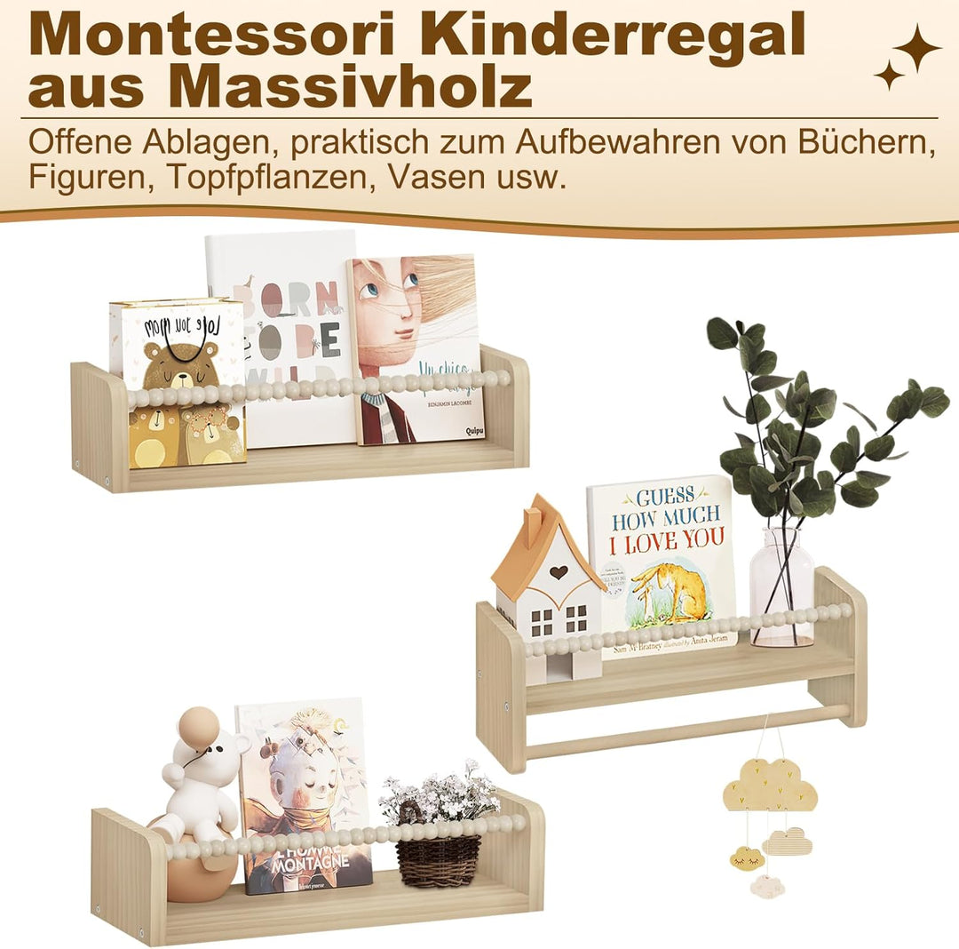 WOLTU 3er Set Kinder Bücherregal Wand, 40cm Wandregal Kinderzimmer, aus Massivholz, Hängeregal Schwe