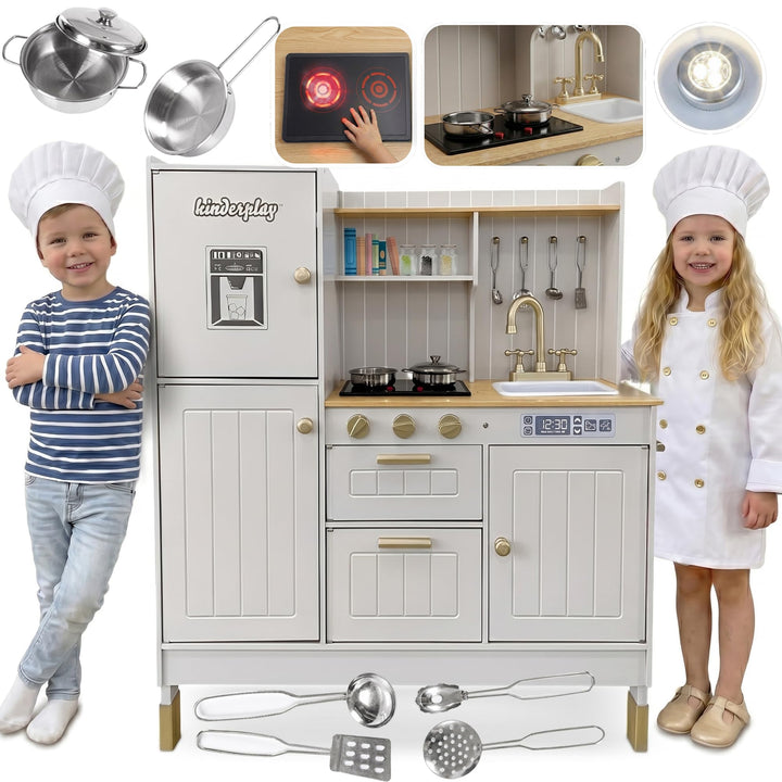 Kinderküche Holz mit Licht & Sound – Grosse Spielküche aus Holz mit Zubehör, Spüle, Herd & Backofen