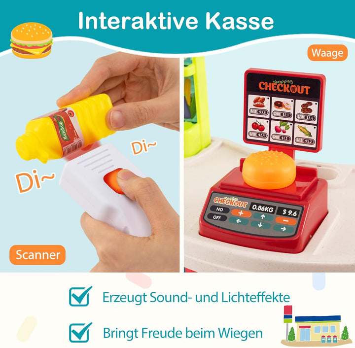 COSTWAY Kaufladen mit Einkaufswagen, Kinder Kaufmannsladen mit Waage, Regalen, Scanner mit Licht & S