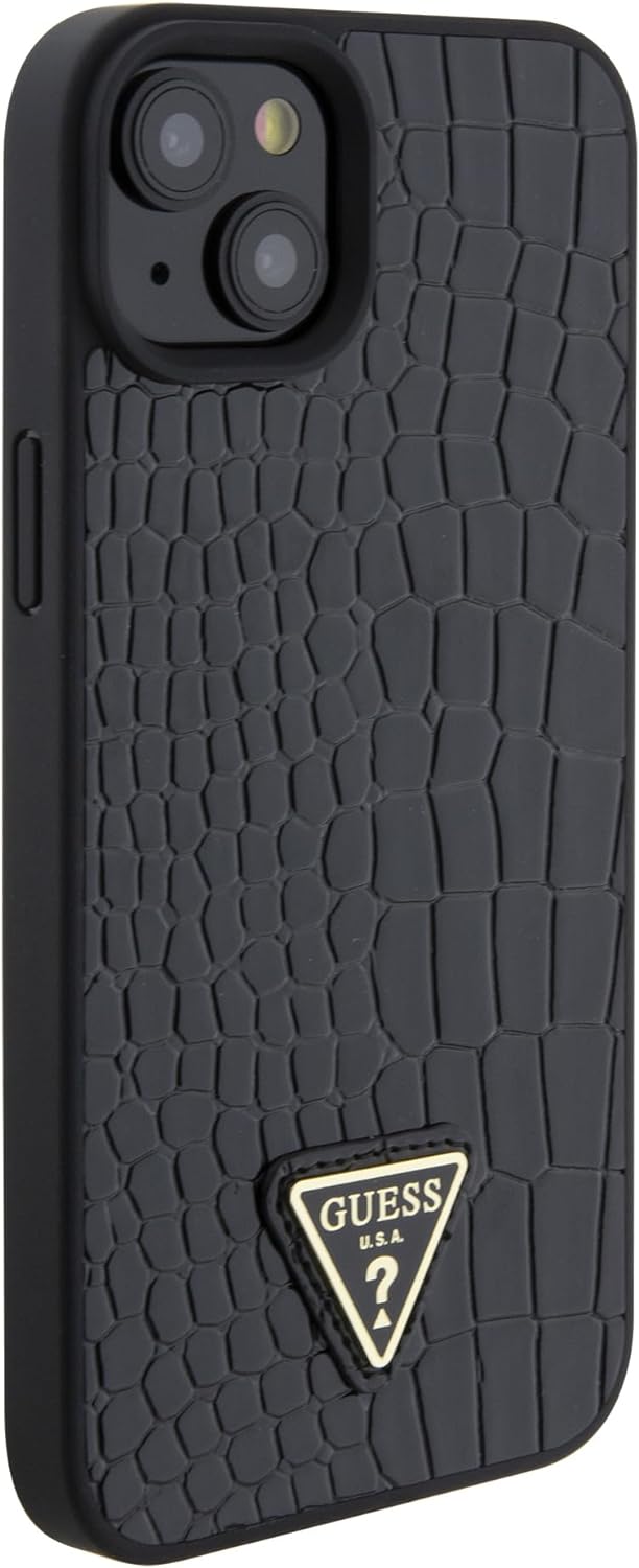 GUESS GUHCP15SPCRTHCK Hülle für iPhone 15 6.1" Schwarz hardcase Croco Triangle Metal Logo