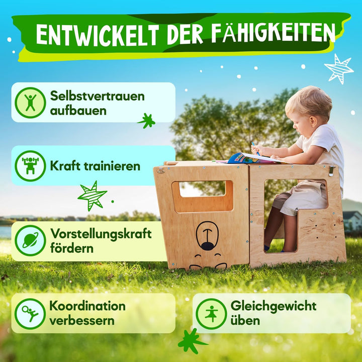 KAUZA Lernturm für Kinder ab 1 Jahr Klappbar, 3 in 1 Montessori Learning Tower, Kippschutz Kinderhoc