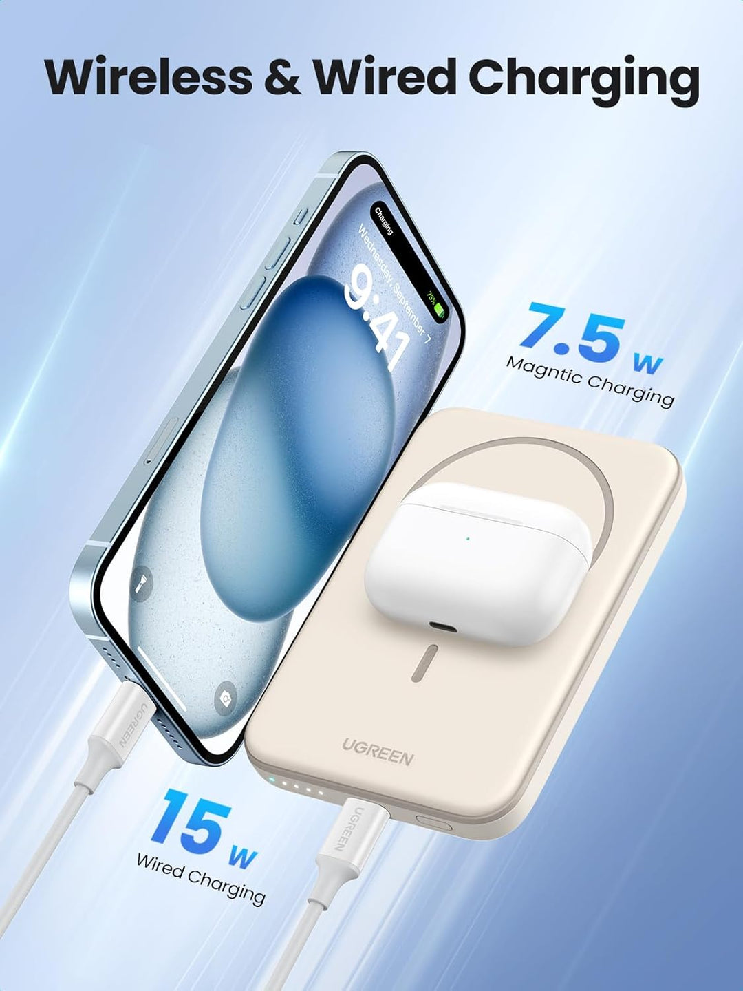 UGREEN Nexode Wireless Powerbank 5000mAh Magnetische Power Bank mit USB-C Schnellladefunktion, Kabel