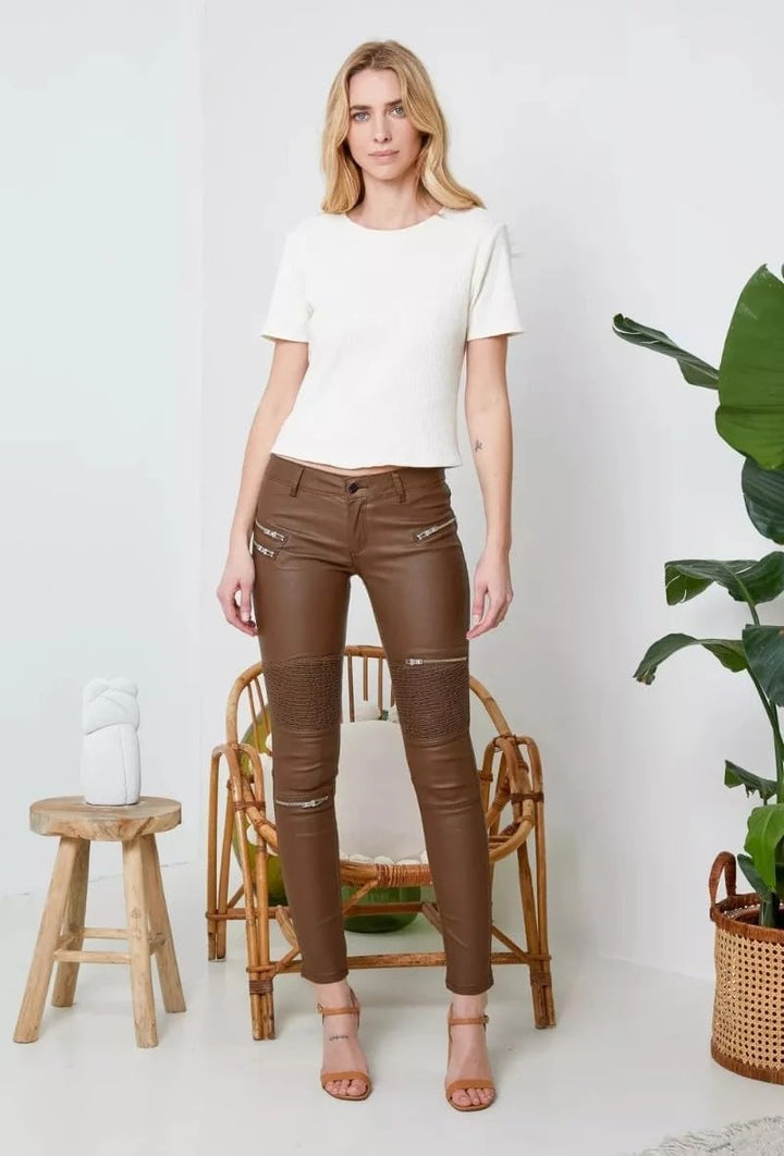 Crazy Lover Damen Kunstleder Leder Look Hosen Damen Biker Stretch Coated S Dark Brown, S Dark Brown