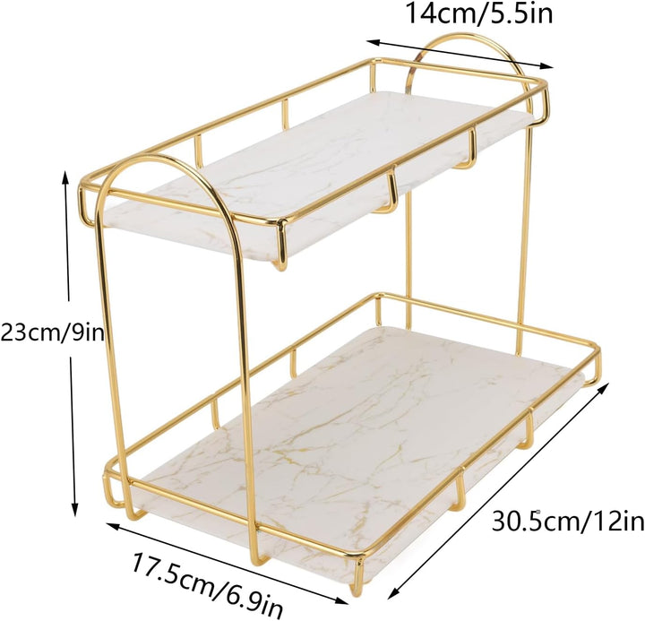 Bad-Organizer mit 2 Ebenen, Goldfarbenes Metall-Regal für Kosmetik & Parfüm, Wasserdichtes Tablett f