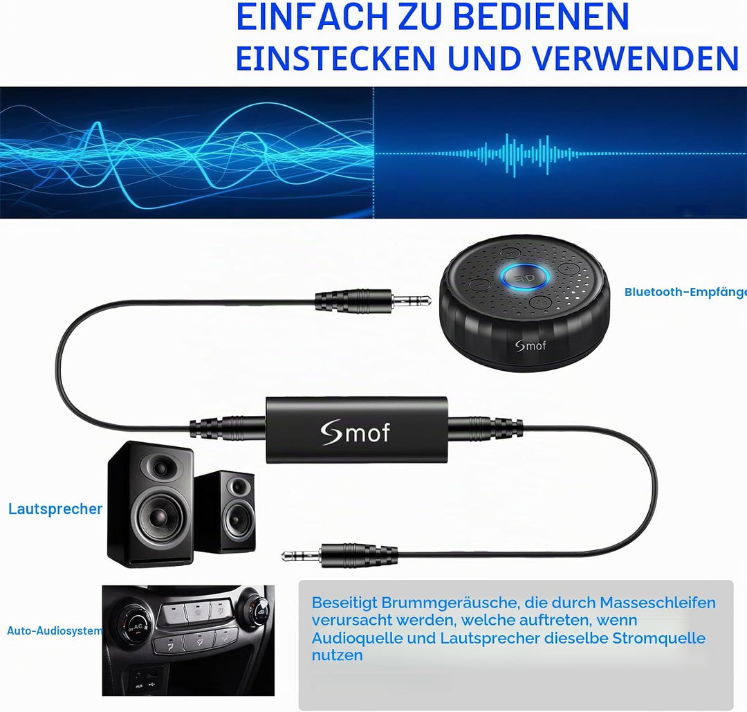 Bluetooth Autoadapter, AUX Bluetooth Adapter für Auto mit Erdungsring, Geräuschisolierung, für Freis