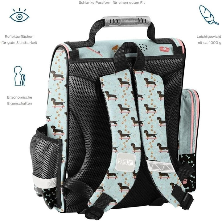 Familando - Schulranzen Set - 8-teilig mit Federmappe - Weenie Dog Dackel - Ergonomisch, stabil & mi