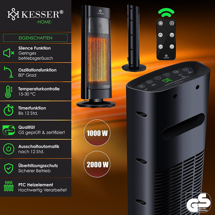 KESSER® Heizlüfter mit Fernbedienung energiesparend leise 2000W Keramik Heizstrahler Standheizstrahl