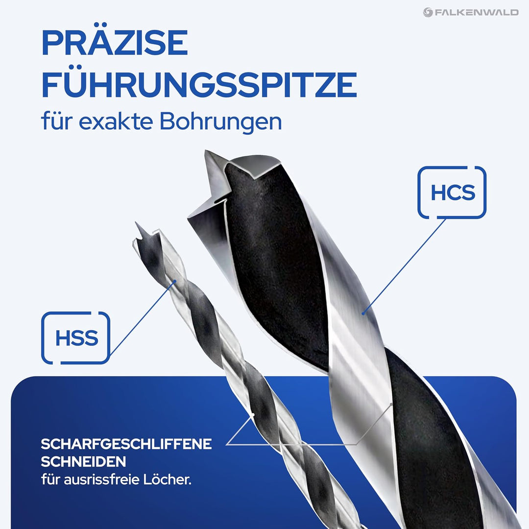 Falkenwald Holzbohrer Set lang 7tlg. + Koffer - Holzbohrer lang für präzise Bohrungen in Weich- und