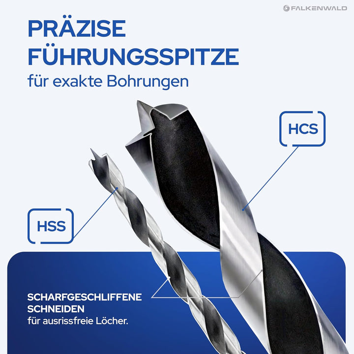 Falkenwald Holzbohrer Set lang 7tlg. + Koffer - Holzbohrer lang für präzise Bohrungen in Weich- und