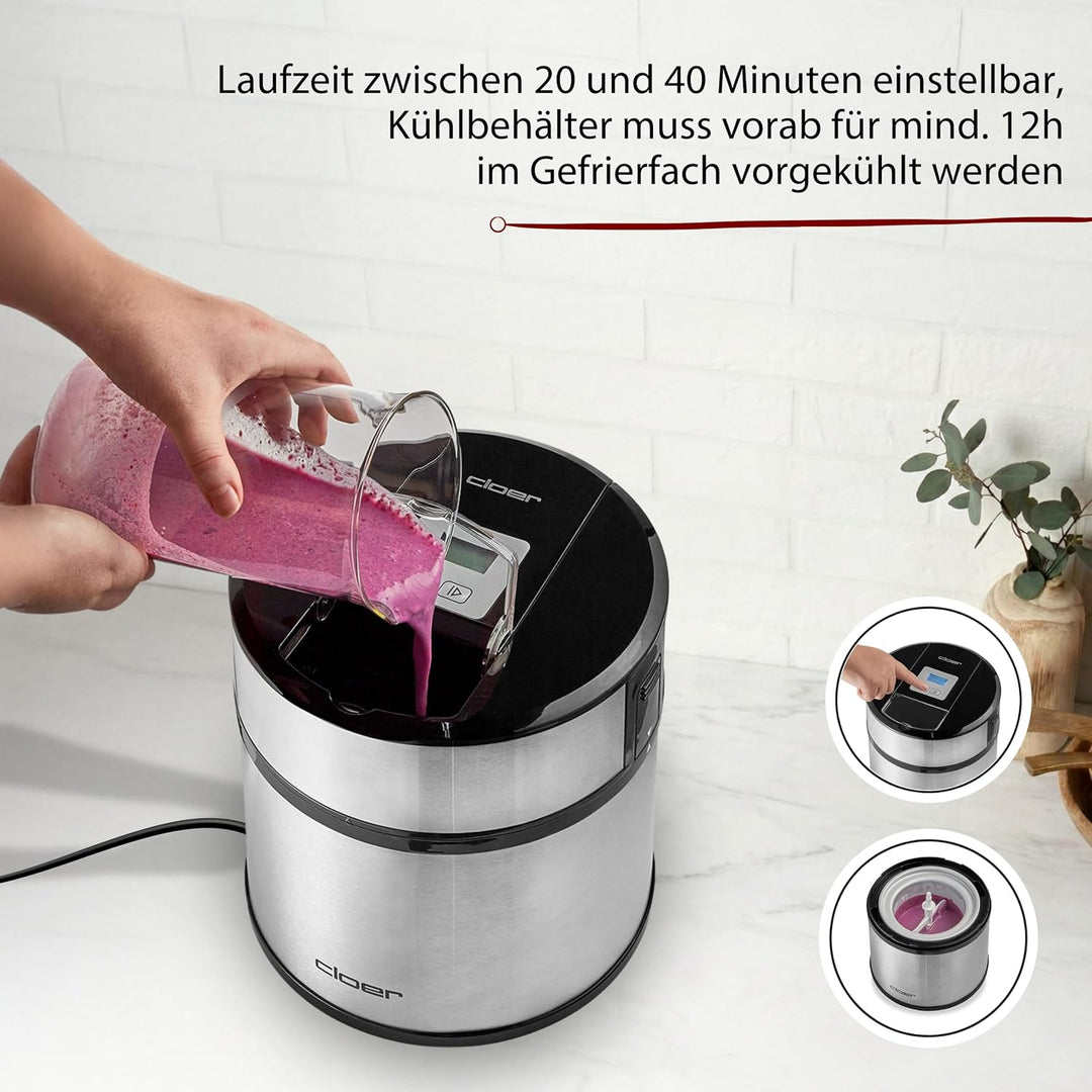 Cloer 9959 Eismaschine für Eis Creme, Eis, Frozen Joghurt und Sorbet, 1,5 l Fassungsvermögen, LED-Di