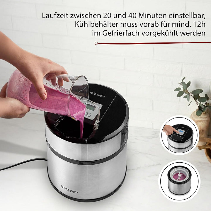 Cloer 9959 Eismaschine für Eis Creme, Eis, Frozen Joghurt und Sorbet, 1,5 l Fassungsvermögen, LED-Di