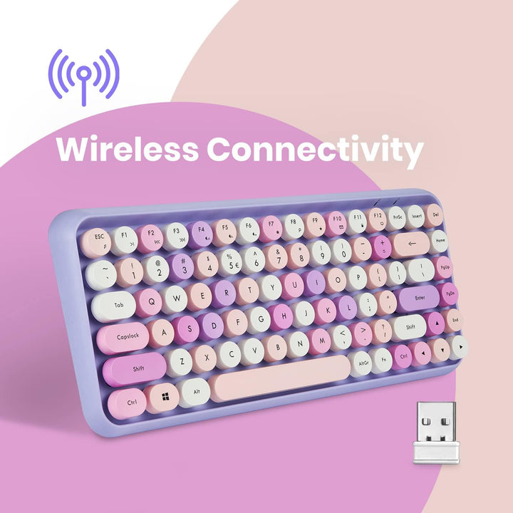 Perixx PERIDUO-713PP Wireless Mini Keyboard and Mouse Combo - Retro Round Key Caps - Pastel Purple -