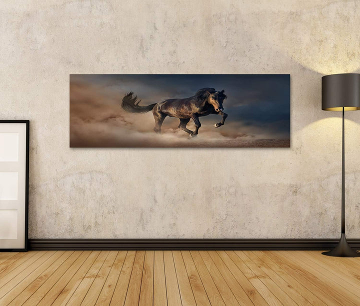 islandburner Bild auf Leinwand Schwarzer Hengst Pferd Bilder Wandbilder Poster Leinwand 120x40cm - P