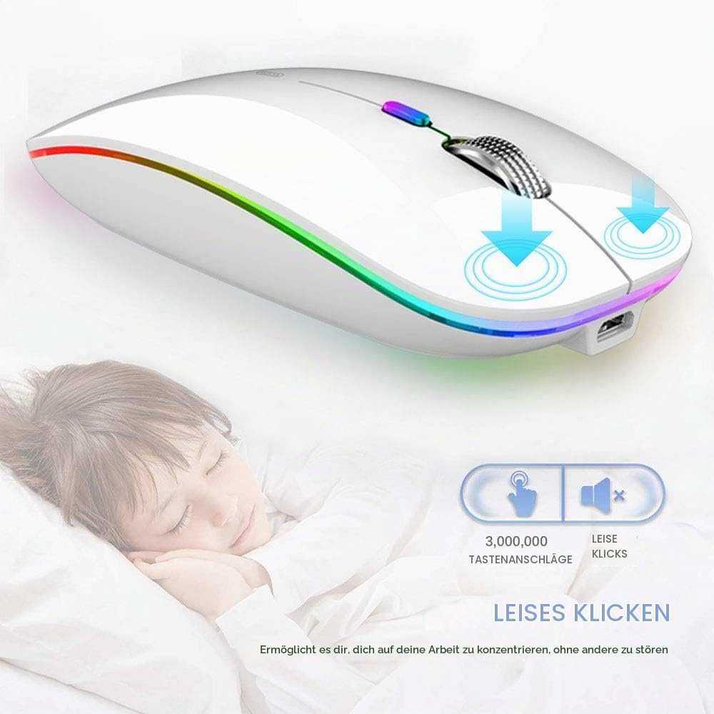 Uiosmuph Bluetooth Kabellose Maus, Leise LED Wiederaufladbare Mouse,Weiss White, White