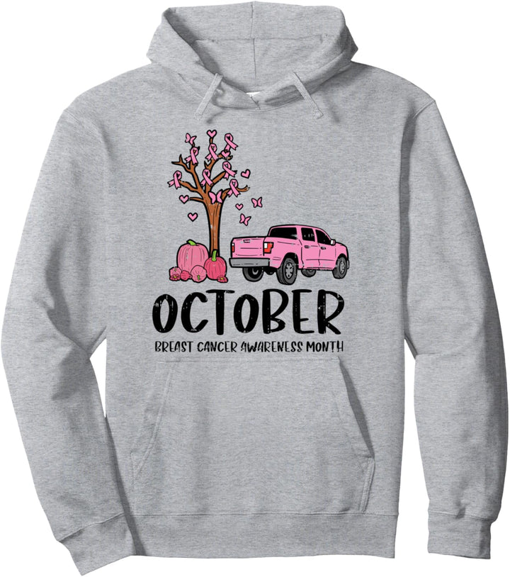 Pink Ribbon Tree Truck October Pumpkin Breast Cancer Gift Pullover Hoodie