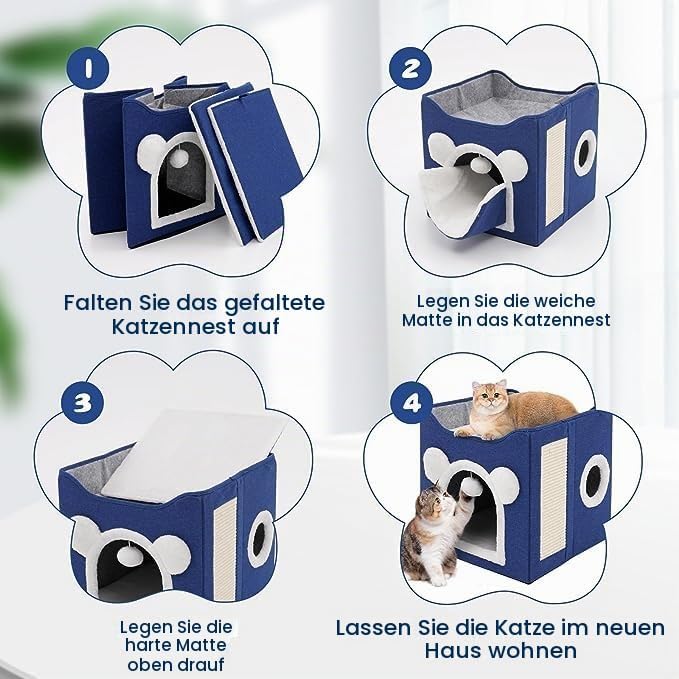 Faltbares Katzenhaus Grosser Katzenhaus Höhle für Katzen und kleine Hunde mit Kratzbrett und Flausch