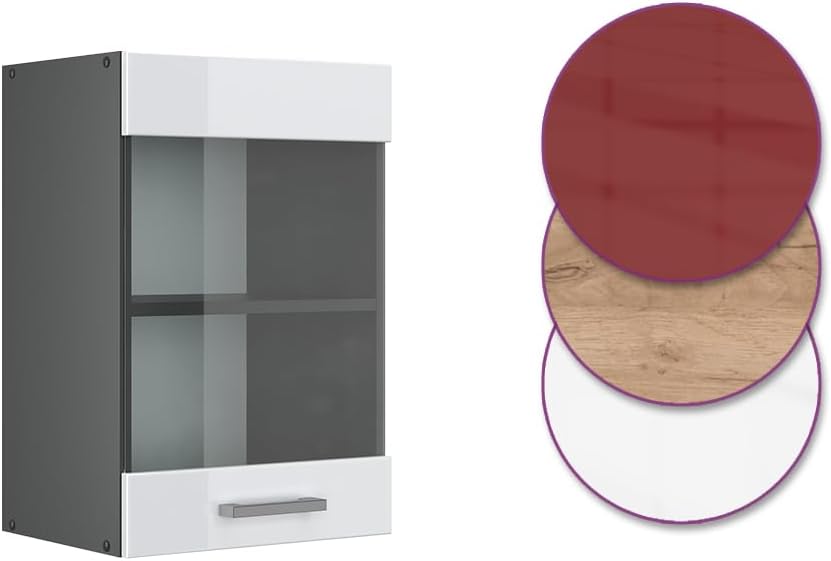 Vicco Küchenschrank Glas R-Line, Weiss Hochglanz/Anthrazit, 40 cm Weiss Hochglanz Hängeglasschrank 4